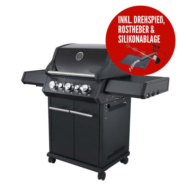 SANTOS Gasgrill S-318 | Seiten- & Heckbrenner | All Black inkl. Drehspieß | Rostheber & Silikonablage