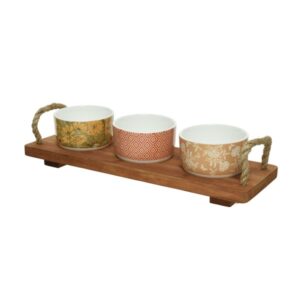 Tapas Set - Servierset - Holzbrett mit 3 Schalen - L: 36cm - Porzel...